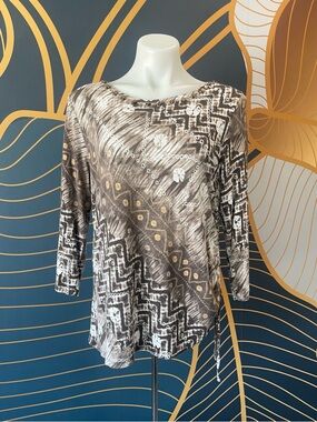 Ruby Rd. Brown Cream and Gold Abstract Pattern Boatneck Long Sleeve Top